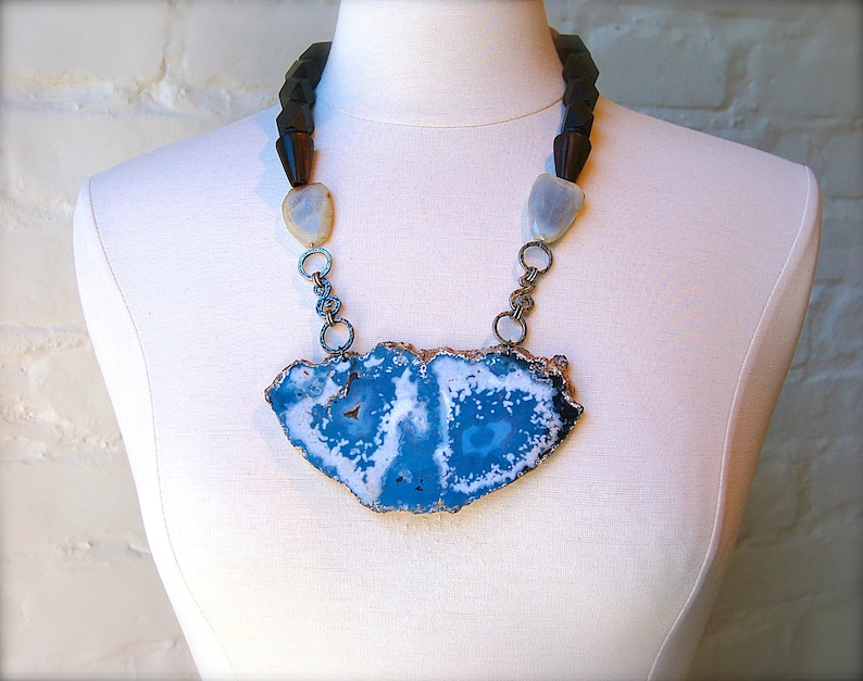 Large Agate Slice with Chalcedony Artistic STATEMENT Necklace Wood and Hand Crafted metal details OOAK Mineral Necklace Gift! Geode