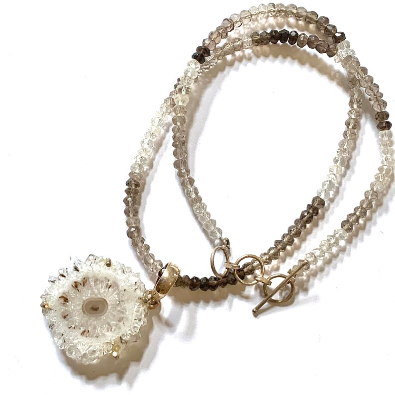 SOLAR QUARTZ Pendant on Smoky Topaz Bead Choker Natural Crystal Mineral Stalactite Pendant in Sterling Silver Raw Mineral Necklace-On Sale