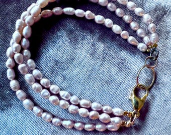 Pink PEARLS Triple Strand Bracelet - Natural Pink Fresh Water Pearls with Gold or Brass Clasp - Classic and Dainty