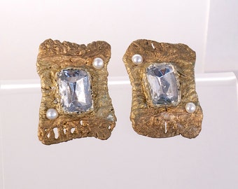 Rectangle Button Earrings with Diamond CZ Crystal and Pearl- Unique,One of a Kind Free-Form Organic shape Earrings- Pauletta Brooks Vintage