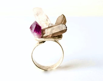 Mineral Statement Ring with Amethyst, Quartz and Pyrite/ Rough Cut Raw Stone Unisex Ring/ Amethyst Crystal and Multi Minerals One Size Ring