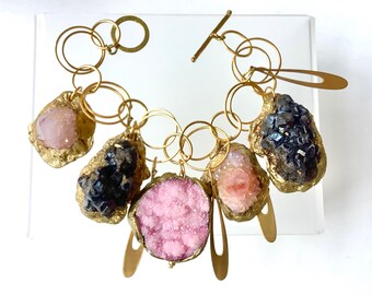 Mixed Minerals Statement Bracelet- Pink Druzy, Uvarovite Garnets, Cactus Quartz in Gold Mineral Charm Bracelet- Pauletta Brooks Wearable Art