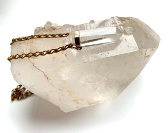 Large Quartz Crystal on long thick Vintage Chain / Unisex Mineral Statement Pendant Necklace / Unique Crystal Quartz Jewelry- Modern Pendant