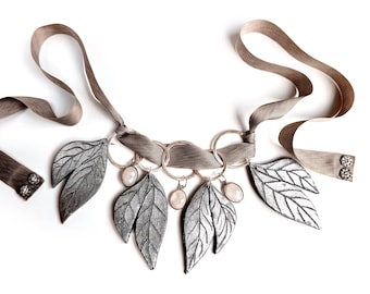 Silver LEAF Choker – Sculpted Metallic Necklace with Moonstones and Ribbon – Wearable Art by Pauletta Brooks
