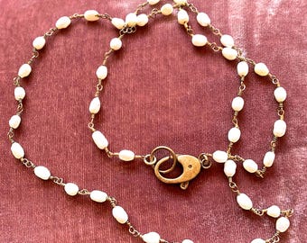 Gold and Pearl Chain Necklace with Artisanal Brass Clasp - Fresh Water Lustre Pearls (20 inch)