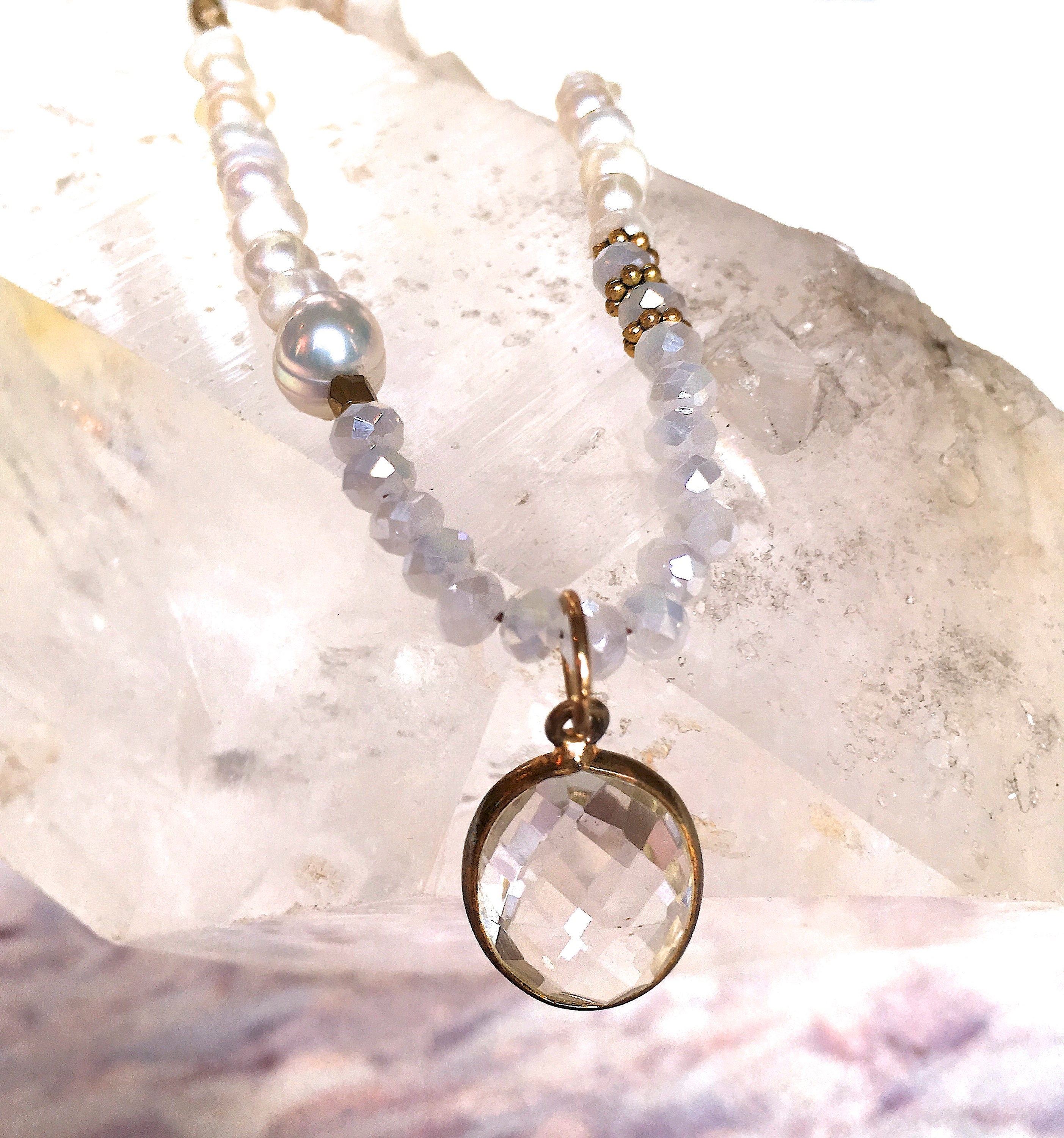 White TOPAZ and PEARL Crystal Necklace/ Gemstone Necklace/ | Etsy