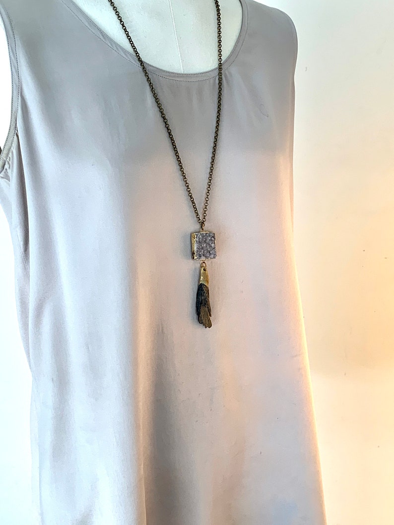 Amethyst Druzy Pendant Necklace with Kyanite Tassel Long Roughcut, Semiprecious, Sparkly Raw Mineral Crystal Necklace OOAK Wearable Art image 9