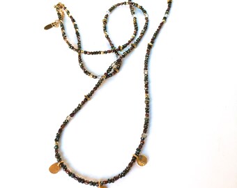 Long Beaded Pyrite Necklace with Crystal Beads and Hammered Vermeil circles- BLACK + GOLD Ethnic Wrap Necklace/ Wrap Bracelet - Great Gift!