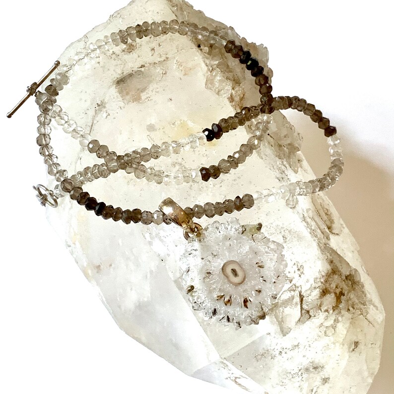 SOLAR QUARTZ Pendant on Smoky Topaz Bead Choker Natural Crystal Mineral Stalactite Pendant in Sterling Silver Raw Mineral Necklace-On Sale