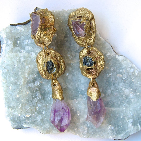 Statement Earrings- Amethyst and Prasiolite -Raw Minerals- Rough Cut Stones-Dangling Earrings - Clip On Earrings