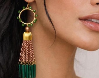 Long Beaded Hoop Earrings, Wire Wrapped Circle Hoops with Vintage Bollywood style Tassel Drop, Boho Dangle Statement Earrings, Wearable Art