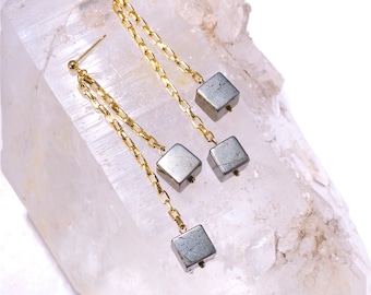 Pyrite Dangle Earrings with Polished Pyrite Cubes- Long Duster Mineral earrings - Day to Evening Earrings- Pyrite  Dangle Statement Earrings