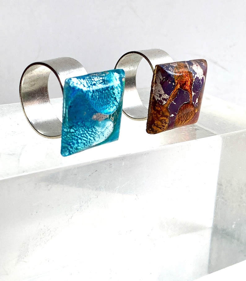 TOPAZ or AQUA Glass Matrix Crystal Ring / Adjustable Unisex Silver Matrix Ring / Vintage Square Cabochon Crackle Glass Magical Costume Ring image 1