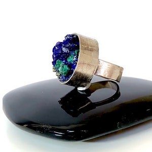 Sterling Silver Statement Ring with Azurite and Malachite Raw Mineral Statement Ring Size 5.5 Unique Unisex Zen Healing RING Now on SALE image 7