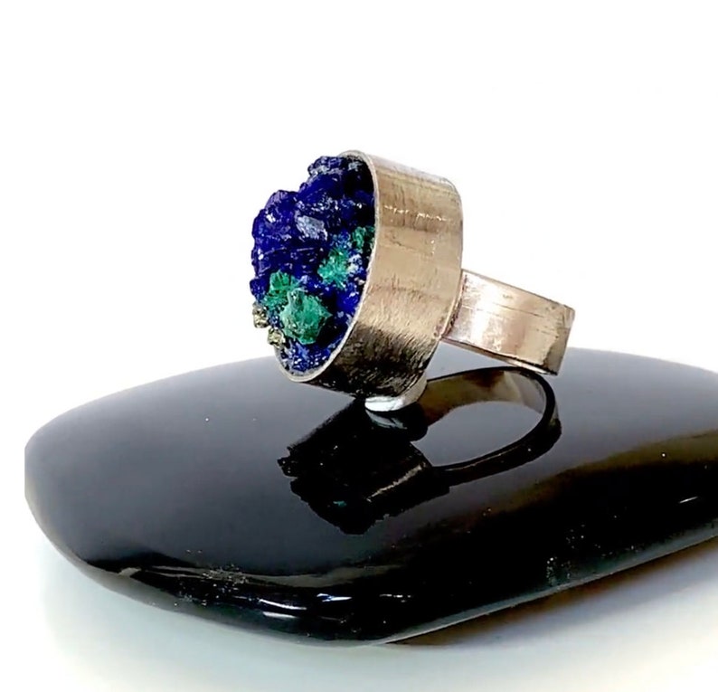 Sterling Silver Statement Ring with Azurite and Malachite Raw Mineral Statement Ring Size 5.5 Unique Unisex Zen Healing RING Now on SALE image 7