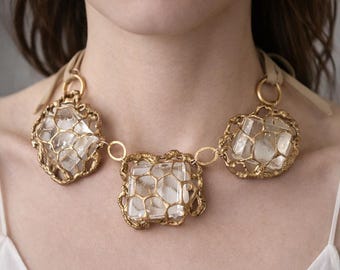 Gold CHOKER Necklace Icelandic Spar in Lacy Mesh / Chunky Organic Crystal / OOAK Wearable Art Statement Necklace by Pauletta Brooks