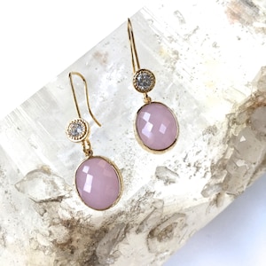 Pink Opal Drop Earrings: Gold Plate, Swarovski Crystals