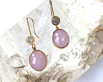 PINK OPAL Gemstone Drop Earrings- Mineral Earrings w. Swarovski Crystals-Classic Oval Stone Cocktail Earrings- Great Gift for Mother's Day!