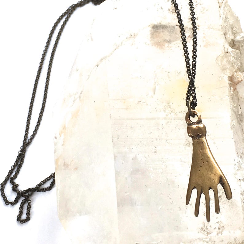 HAND Necklace Brass or Silver HAND Amulet Helping Hand Charm Necklace Layering Necklace Necklace or Pendant with Hand Milagro Great Gift image 1