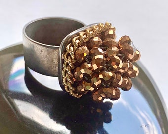 Large Cocktail Ring with Vintage Copper Beads and Gold Chain- One Size Adjustable Ring- Fun Party Ring- BFF Gift under 50- Copper and Silver
