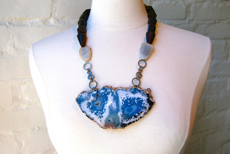 Large Agate Slice with Chalcedony Artistic STATEMENT Necklace Wood and Hand Crafted metal details OOAK Mineral Necklace Gift! Geode