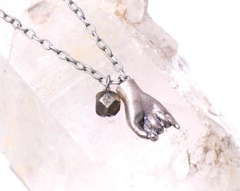 Silver Milagro HAND Necklace with Pyrite Charm- Rock + Roll Necklace- Make a Wish Necklace- Lend a Hand Necklace- Long Unisex Necklace gift