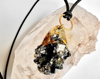 Large Pyrite Pendant: Raw Mineral, Gold Leaf Resin, Adjustable Cord – Artisanal Unisex Jewelry by Pauletta Brooks