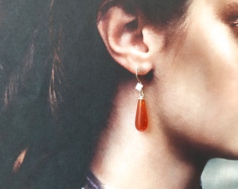 Genuine CARNELIAN TEARDROP Earrings with Sparkling Swarovski Crystal Detail- Carnelian Mineral Dangle Earrings- Sterling Silver + Carnelian