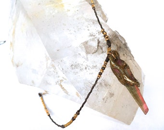 WATERMELON TOURMALINE on Delicate Beaded Chain- Tourmaline Pendant Mineral Necklace- Poet's Stone Gold Necklace- Talisman Metaphysical stone