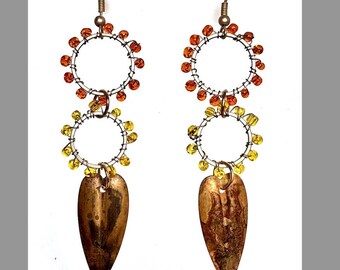 Colorful Hoop Earrings with Beads, Boho Dangle Earrings, Double Circles Wire Wrapped with Vintage Leaf Drop, Wearable Art