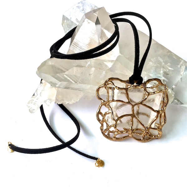 Icelandic Spar in Gold Metal Cage w. Velvet Ties, Icelandic Spar Pendant, Chunky Organic Crystal Choker Necklace, Contemporary Wearable Art