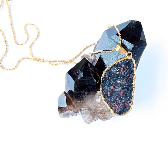Black Crystal Druzy Necklace: Raw Mineral, 18K Gold Electroplate