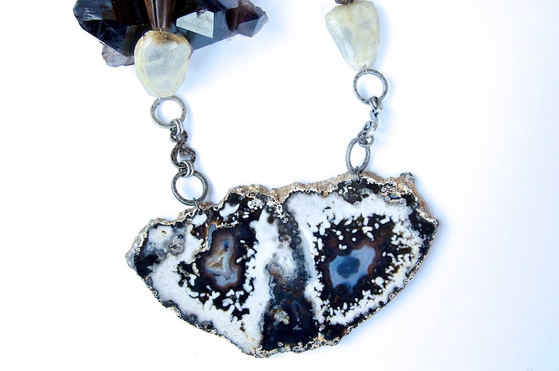 Large Agate Slice with Chalcedony Artistic STATEMENT Necklace Wood and Hand Crafted metal details OOAK Mineral Necklace Gift! Geode