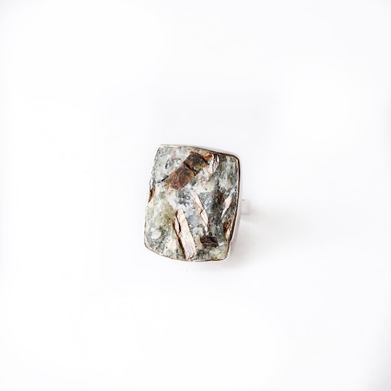 Astrophyllite Druzy Ring: Raw Mineral Sterling Silver Statement Ring - Large Rectangle Healing Stone Ring, Modern, Unisex Mineral Ring