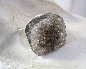 Grey Druzy Quartz Ring: Adjustable Silver Statement Ring - Raw Crystal Mineral Unisex Ring