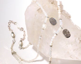 Silver Druzy, Quartz and Moonstone Double Strand Beaded Necklace/  White + Silver Classic, Elegant Beaded Choker/ Bridal Necklace Great Gift