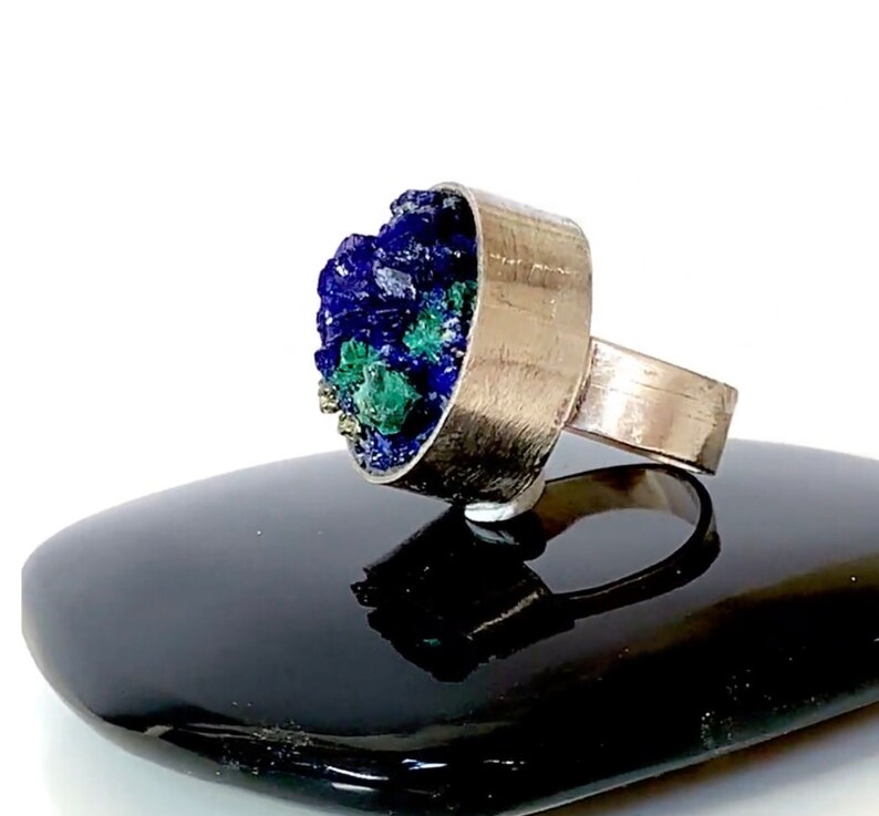 Sterling Silver Statement Ring with Azurite and Malachite Raw Mineral Statement Ring Size 5.5 Unique Unisex Zen Healing RING Now on SALE image 8