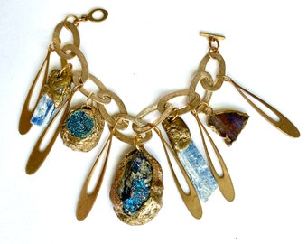 Mixed Minerals STATEMENT Bracelet- BLUE Cobaltoan Calcite and Kyanite in Gold Metallic Bracelet- Sparkly Chunky Gems Bracelet - Wearable Art
