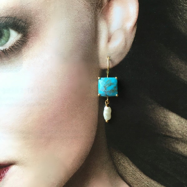 Turquoise Mineral Earrings- Square Dangle Earrings with Facet cut Stone + Pearls in Gold Vermeil- Classic Drop Earring- Elegant Great Gift!
