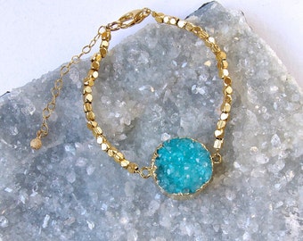 Aqua Druzy Quartz with Gold BRACELET/  Gold Vermeil Bracelet with Bright Aqua Druze Stone/ Summer Color Bracelet -Love druze-druse-druzy!!