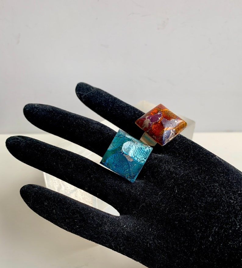 TOPAZ or AQUA Glass Matrix Crystal Ring / Adjustable Unisex Silver Matrix Ring / Vintage Square Cabochon Crackle Glass Magical Costume Ring image 8