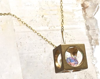 Geometric CUBE Necklace with Crystal/ Open Cube Charm Necklace/ Novelty Charm Necklace/ Convertible Necklace with Brass Cube/ Gifts under 50
