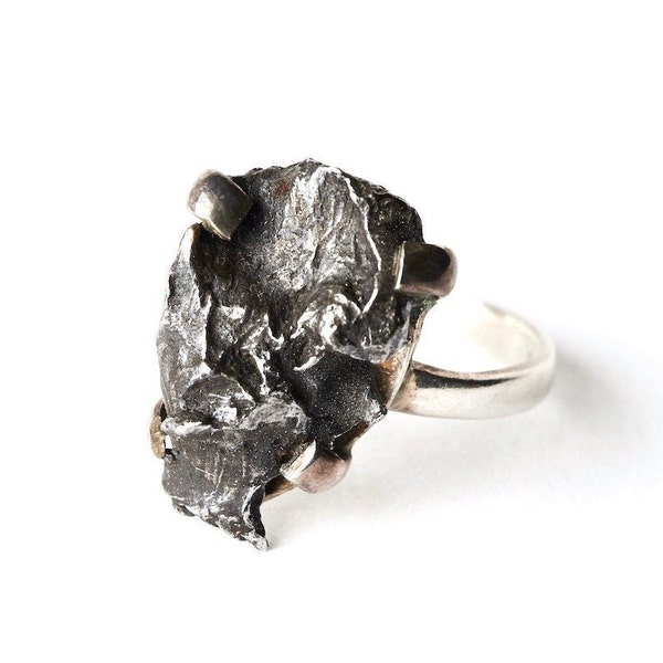 Raw METEORITE RING/ Meteorite Statement Ring/ Natural Raw Mineral Unisex Ring/ Rough Meteorite Ring in Sterling Silver size US 8.25/ on Sale