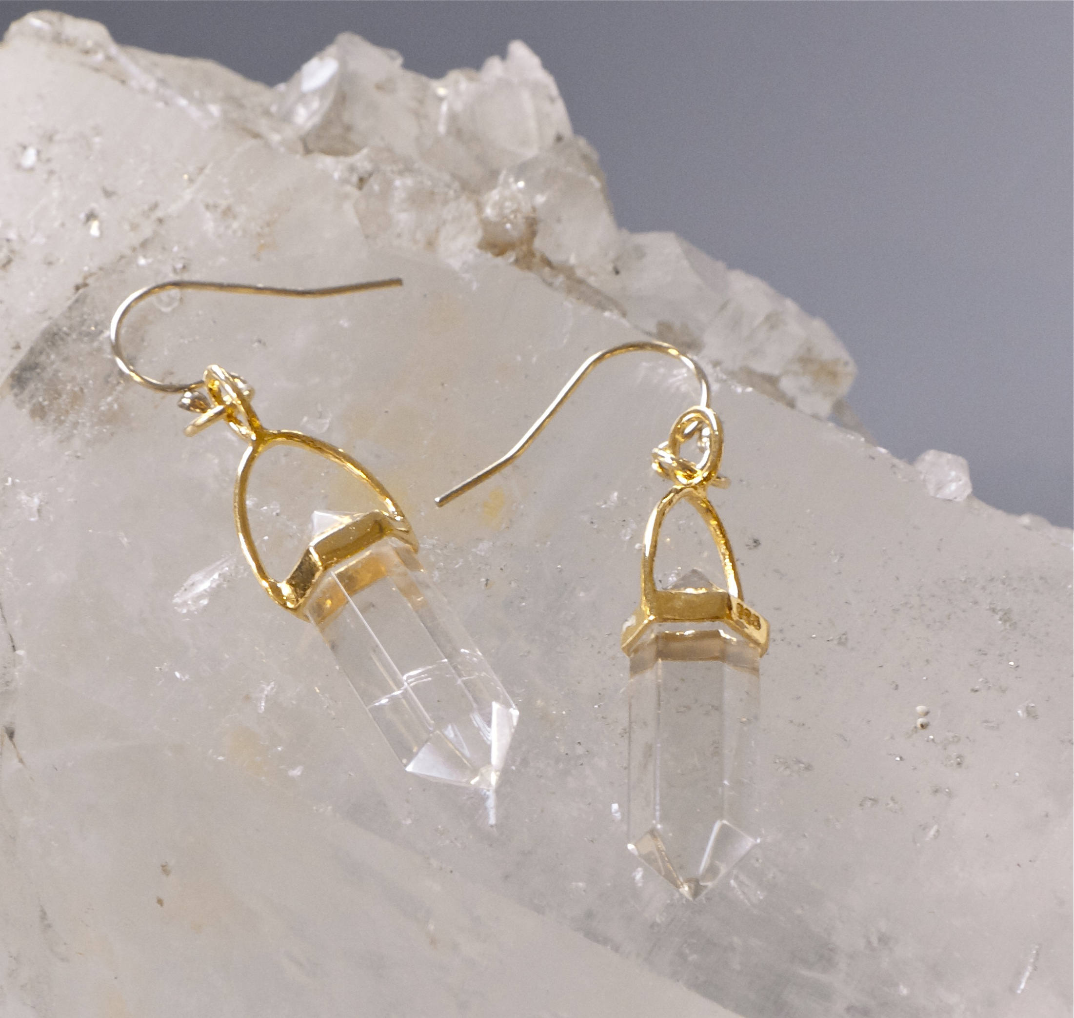 Crystal Quartz Dangle EarringsSuper Clear Quartz in Gold