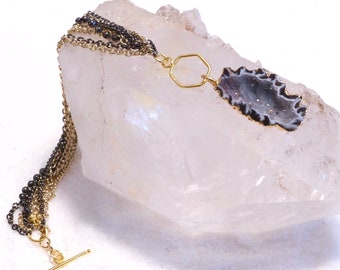 Geode Charm Bracelet with Mixed Chain and Gold Toggle- Black Crystal Geode- Mineral Charm Bracelet- Unique Mineral Jewelry Great Gift!