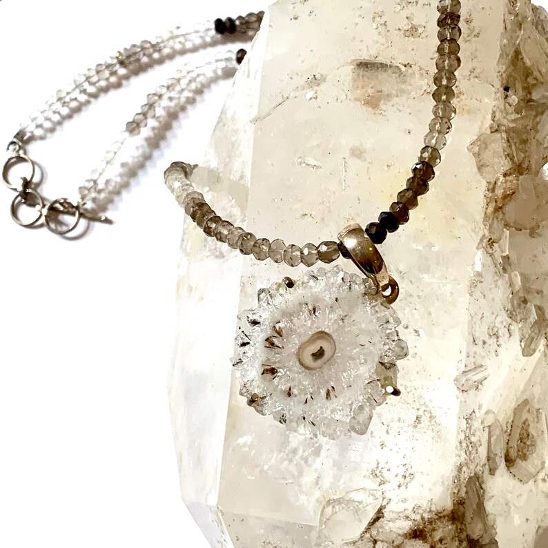 SOLAR QUARTZ Pendant on Smoky Topaz Bead Choker Natural Crystal Mineral Stalactite Pendant in Sterling Silver Raw Mineral Necklace-On Sale