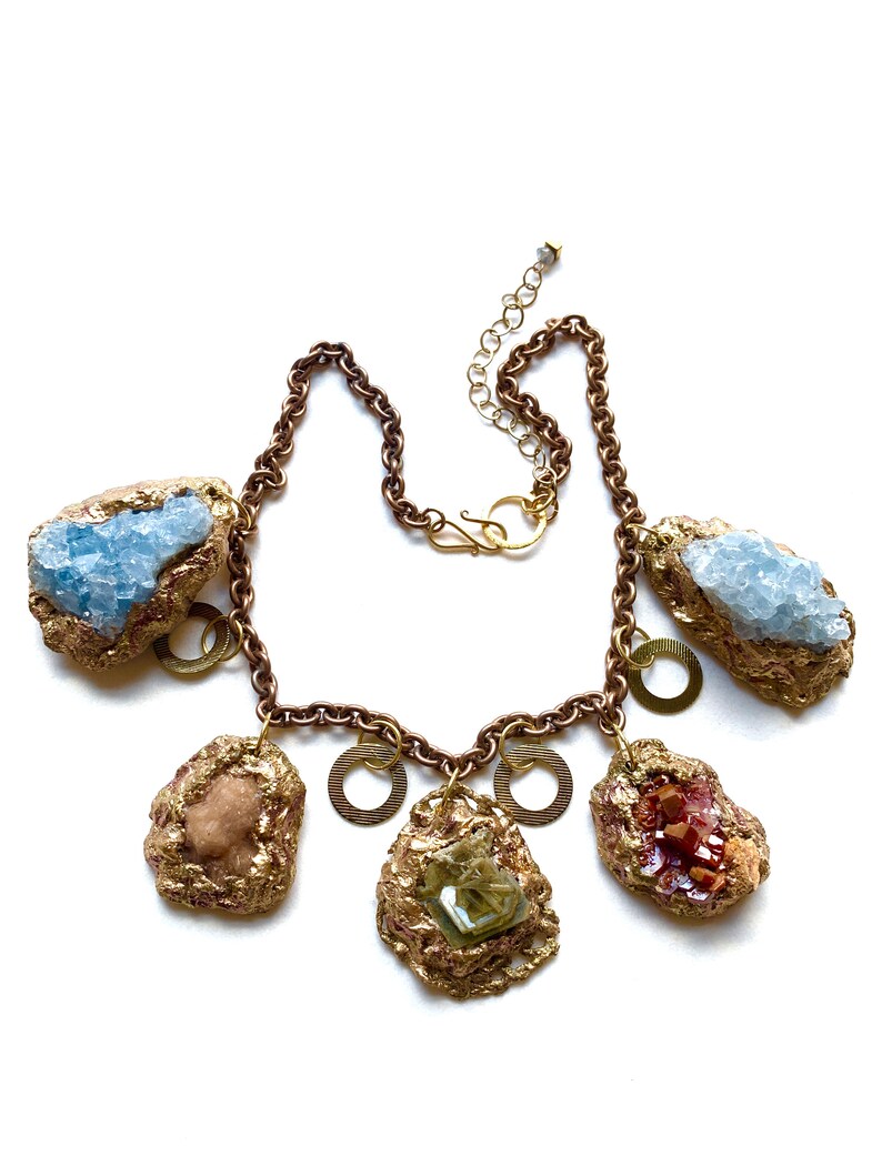 Colorful OOAK Statement Necklace w. Baryte, Olmiite, Vanadinite and CELESTITE in Gold Resin / Multi Gemstone Choker Necklace / Wearable Art image 5