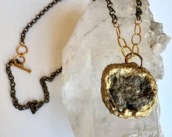 Pyrite Druzy Crystal Pendant Necklace – Raw Mineral on Vintage Brass and Gold Chain – Wearable Art by Pauletta Brooks