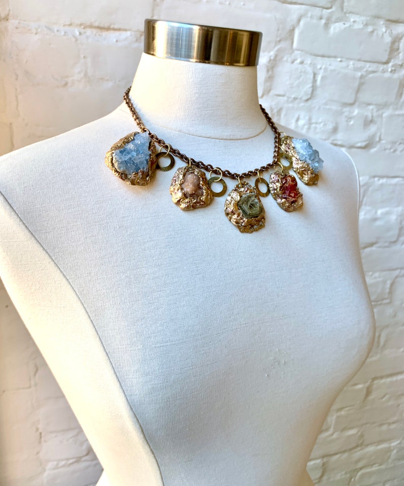 Colorful OOAK Statement Necklace w. Baryte, Olmiite, Vanadinite and CELESTITE in Gold Resin / Multi Gemstone Choker Necklace / Wearable Art image 8