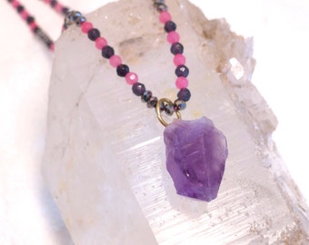Amethyst Raw Mineral Necklace/ Long Beaded Pendant w. Silver Crystals and Jade Beads/February Birthstone/Yoga Chakra Layering Necklace-Sale!